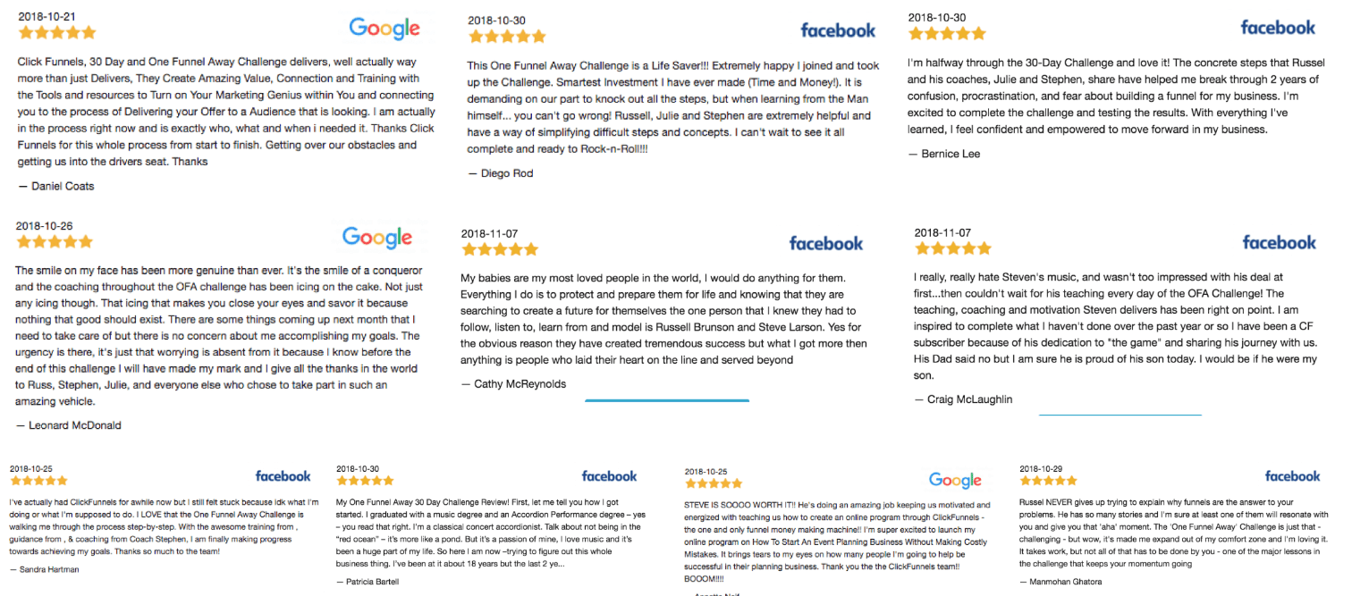 One Funnel Away Testimonials and Reviews